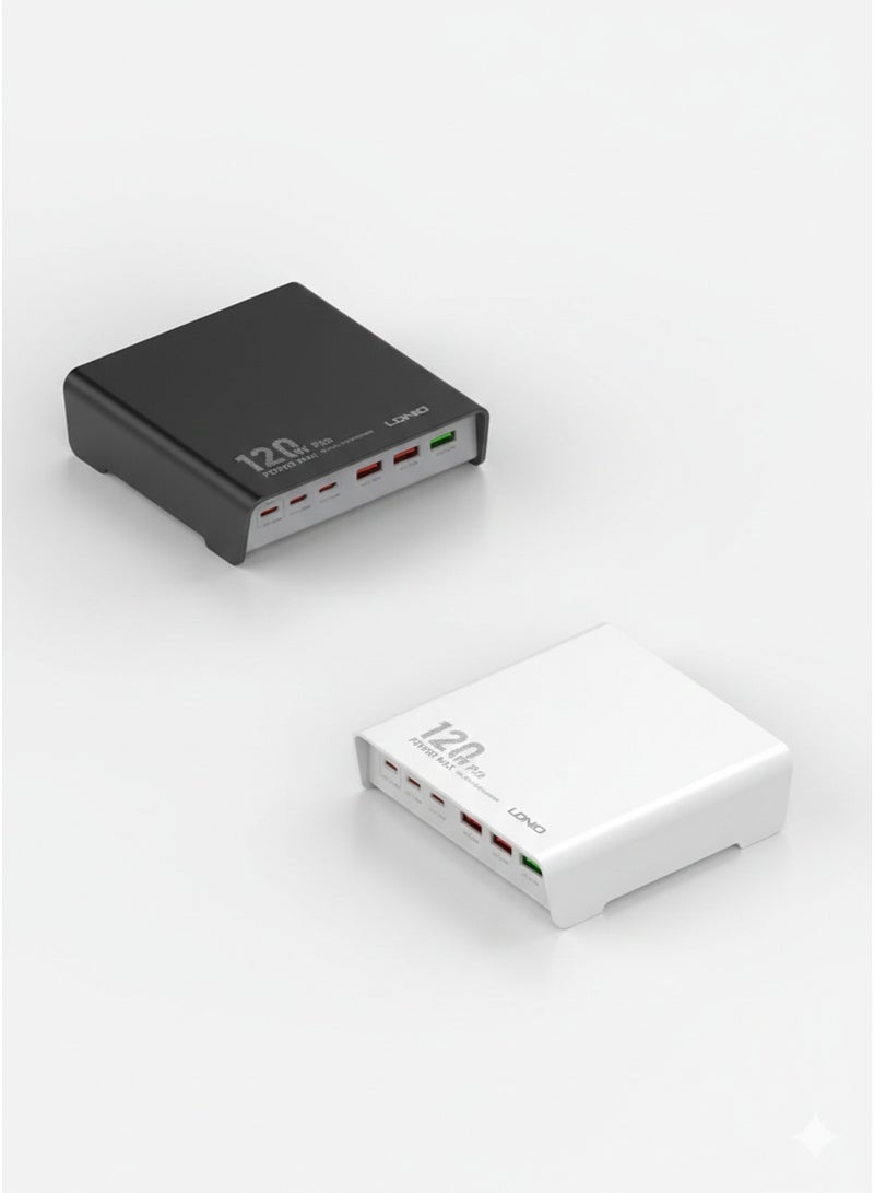 لدنيو محطة شحن مكتبية متعددة المنافذ Q605 بقدرة 120 واط، شاحن USB بستة منافذ (3 منافذ USB-C + 3 منافذ USB-A)، محول شحن سريع بتقنية PD3.0 وQC3.0 وPPS لأجهزة الكمبيوتر المحمولة والأجهزة اللوحية والهواتف الذكية، لون أبيض - Image 2